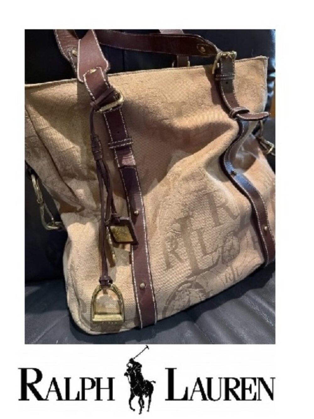 $489 Ralph Lauren Jacquard Equestrian Logo 3 Charms Large Tote Shoulder Bag